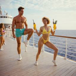 Hunky husband and athletic wife, deck aerobics (surreal), FFF Cruises: Voyage 01 · FFF\CRS\010\020