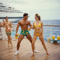 Hunky husband and athletic wife, deck aerobics (surreal), FFF Cruises: Voyage 01 · FFF\CRS\010\021