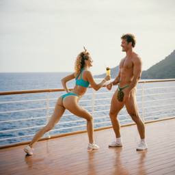 Hunky husband and athletic wife, deck aerobics (surreal)