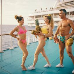 Middle-aged deck aerobics with huge pineapples (surreal), FFF Cruises: Voyage 01 · FFF\CRS\011\003