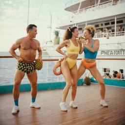 Middle-aged deck aerobics with huge pineapples (surreal), FFF Cruises: Voyage 01 · FFF\CRS\011\012