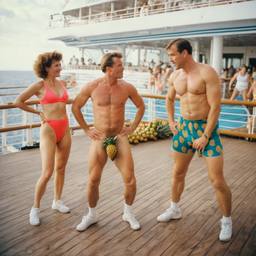 Middle-aged deck aerobics with huge pineapples (surreal), FFF Cruises: Voyage 01 · FFF\CRS\011\013