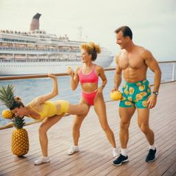 Middle-aged deck aerobics with huge pineapples (surreal), FFF Cruises: Voyage 01 · FFF\CRS\011\015
