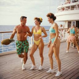 Middle-aged deck aerobics with huge pineapples (surreal), FFF Cruises: Voyage 01 · FFF\CRS\011\017