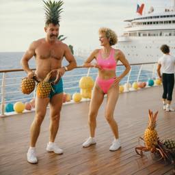 Middle-aged deck aerobics with huge pineapples (surreal), FFF Cruises: Voyage 01 · FFF\CRS\011\019