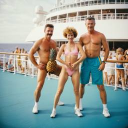 Middle-aged deck aerobics with huge pineapples (surreal), FFF Cruises: Voyage 01 · FFF\CRS\011\022