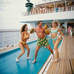 Middle-aged deck aerobics with huge pineapples (surreal)