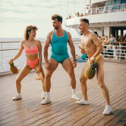 Overweight deck aerobics with huge pineapples (surreal), FFF Cruises: Voyage 01 · FFF\CRS\012\002