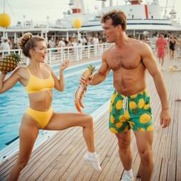 Overweight deck aerobics with huge pineapples (surreal), FFF Cruises: Voyage 01 · FFF\CRS\012\003