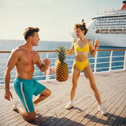 Overweight deck aerobics with huge pineapples (surreal), FFF Cruises: Voyage 01 · FFF\CRS\012\004