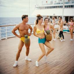 Overweight deck aerobics with huge pineapples (surreal), FFF Cruises: Voyage 01 · FFF\CRS\012\005