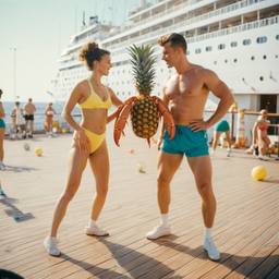 Overweight deck aerobics with huge pineapples (surreal), FFF Cruises: Voyage 01 · FFF\CRS\012\010