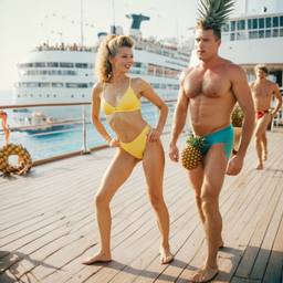 Overweight deck aerobics with huge pineapples (surreal), FFF Cruises: Voyage 01 · FFF\CRS\012\013