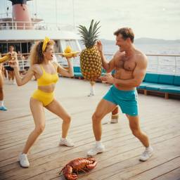 Overweight deck aerobics with huge pineapples (surreal), FFF Cruises: Voyage 01 · FFF\CRS\012\018