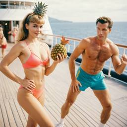 Overweight deck aerobics with huge pineapples (surreal)
