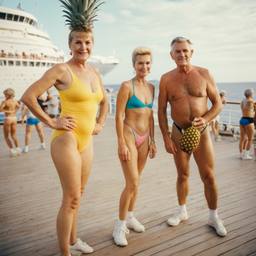 Old-aged deck aerobics with huge pineapples (surreal), FFF Cruises: Voyage 01 · FFF\CRS\013\010