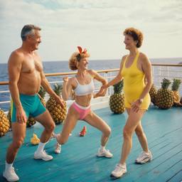Old-aged deck aerobics with huge pineapples (surreal), FFF Cruises: Voyage 01 · FFF\CRS\013\011
