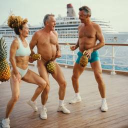 Old-aged deck aerobics with huge pineapples (surreal), FFF Cruises: Voyage 01 · FFF\CRS\013\013