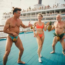 Old-aged deck aerobics with huge pineapples (surreal), FFF Cruises: Voyage 01 · FFF\CRS\013\014