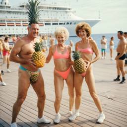 Old-aged deck aerobics with huge pineapples (surreal), FFF Cruises: Voyage 01 · FFF\CRS\013\015