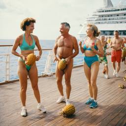 Old-aged deck aerobics with huge pineapples (surreal), FFF Cruises: Voyage 01 · FFF\CRS\013\017