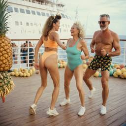 Old-aged deck aerobics with huge pineapples (surreal), FFF Cruises: Voyage 01 · FFF\CRS\013\018