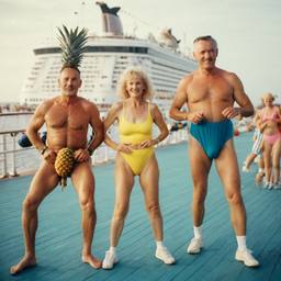 Old-aged deck aerobics with huge pineapples (surreal), FFF Cruises: Voyage 01 · FFF\CRS\013\019