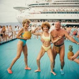 Old-aged deck aerobics with huge pineapples (surreal)