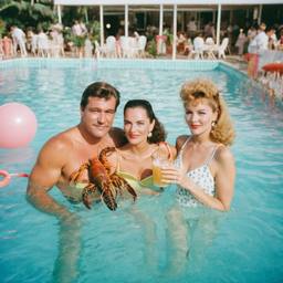 Middle-aged pool party, pineapples and flamingos (surreal), FFF Cruises: Voyage 01 · FFF\CRS\016\003