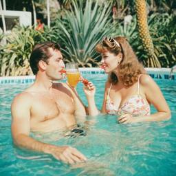 Middle-aged pool party, pineapples and flamingos (surreal), FFF Cruises: Voyage 01 · FFF\CRS\016\004