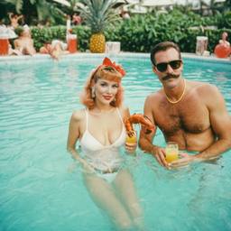 Middle-aged pool party, pineapples and flamingos (surreal), FFF Cruises: Voyage 01 · FFF\CRS\016\006