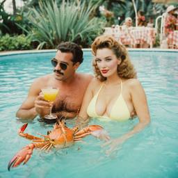 Middle-aged pool party, pineapples and flamingos (surreal), FFF Cruises: Voyage 01 · FFF\CRS\016\007