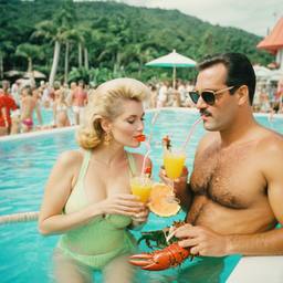 Middle-aged pool party, pineapples and flamingos (surreal), FFF Cruises: Voyage 01 · FFF\CRS\016\008