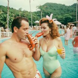Middle-aged pool party, pineapples and flamingos (surreal), FFF Cruises: Voyage 01 · FFF\CRS\016\010