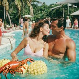 Middle-aged pool party, pineapples and flamingos (surreal), FFF Cruises: Voyage 01 · FFF\CRS\016\011