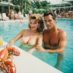 Middle-aged pool party, pineapples and flamingos (surreal), FFF Cruises: Voyage 01 · FFF\CRS\016\014