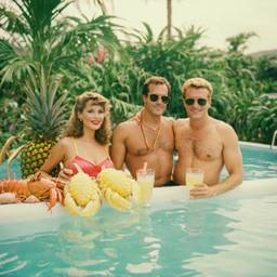 Middle-aged pool party, pineapples and flamingos (surreal), FFF Cruises: Voyage 01 · FFF\CRS\016\015