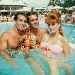 Middle-aged pool party, pineapples and flamingos (surreal), FFF Cruises: Voyage 01 · FFF\CRS\016\016