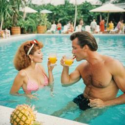 Middle-aged pool party, pineapples and flamingos (surreal), FFF Cruises: Voyage 01 · FFF\CRS\016\018
