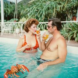 Middle-aged pool party, pineapples and flamingos (surreal), FFF Cruises: Voyage 01 · FFF\CRS\016\019