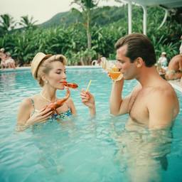 Middle-aged pool party, pineapples and flamingos (surreal), FFF Cruises: Voyage 01 · FFF\CRS\016\020