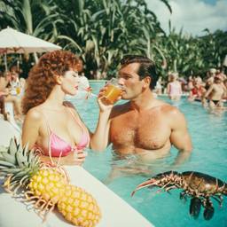 Middle-aged pool party, pineapples and flamingos (surreal), FFF Cruises: Voyage 01 · FFF\CRS\016\022
