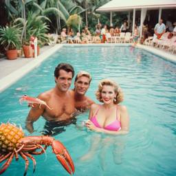 Overweight pool party, pineapples and flamingos (surreal), FFF Cruises: Voyage 01 · FFF\CRS\017\001