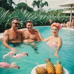 Overweight pool party, pineapples and flamingos (surreal), FFF Cruises: Voyage 01 · FFF\CRS\017\003