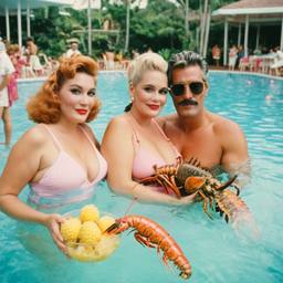 Overweight pool party, pineapples and flamingos (surreal), FFF Cruises: Voyage 01 · FFF\CRS\017\005
