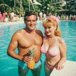 Overweight pool party, pineapples and flamingos (surreal), FFF Cruises: Voyage 01 · FFF\CRS\017\006