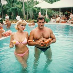 Overweight pool party, pineapples and flamingos (surreal), FFF Cruises: Voyage 01 · FFF\CRS\017\008