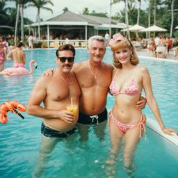 Overweight pool party, pineapples and flamingos (surreal), FFF Cruises: Voyage 01 · FFF\CRS\017\010
