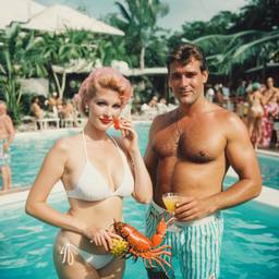 Overweight pool party, pineapples and flamingos (surreal), FFF Cruises: Voyage 01 · FFF\CRS\017\011