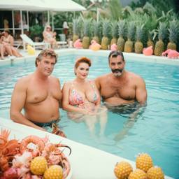 Overweight pool party, pineapples and flamingos (surreal), FFF Cruises: Voyage 01 · FFF\CRS\017\012